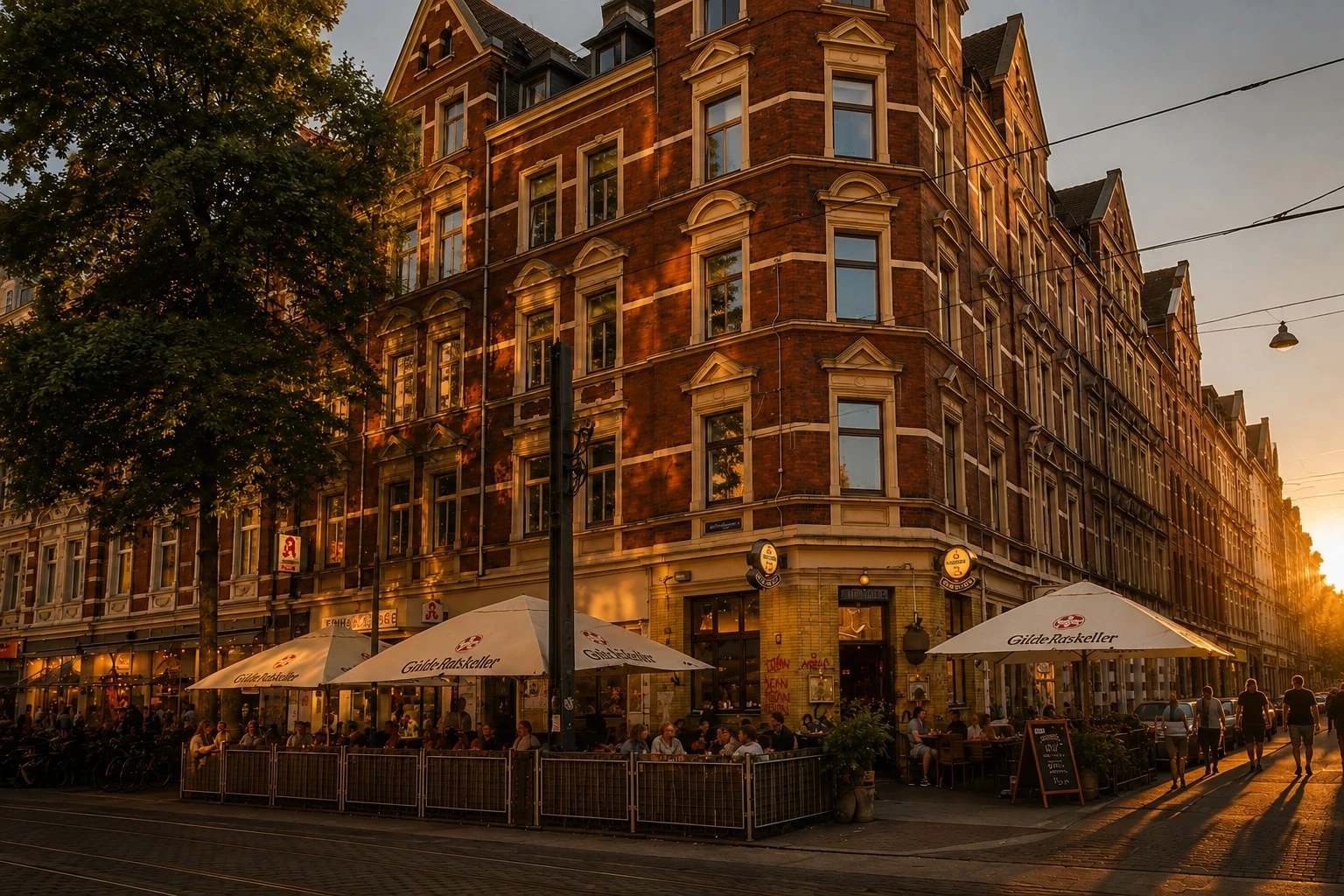 Abendliche Altbau- und Cafészene in Hannover-Linden