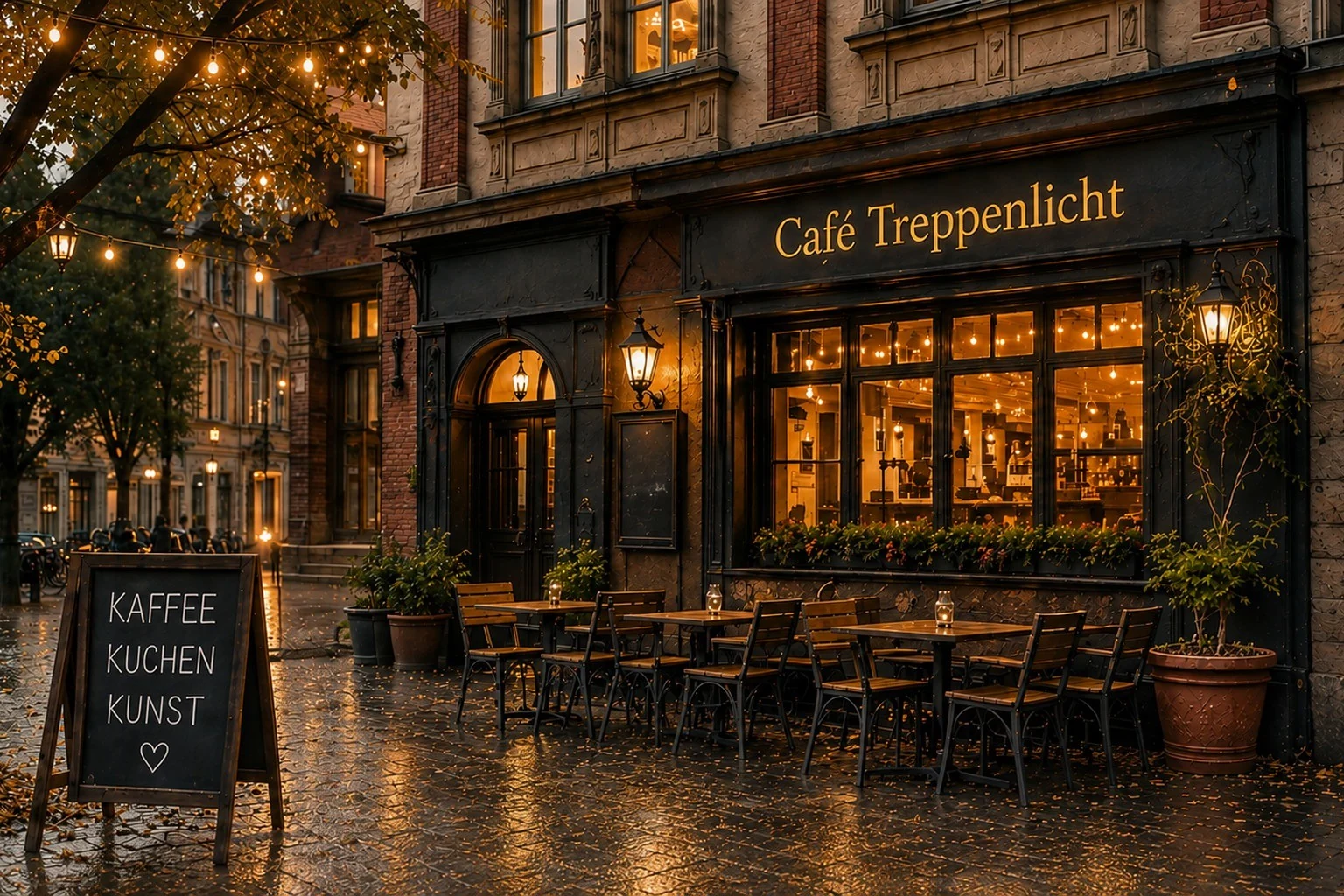 Abendliche Visualisierung des fiktiven Café Treppenlicht in einer Altbaustraße in Hannover-Linden