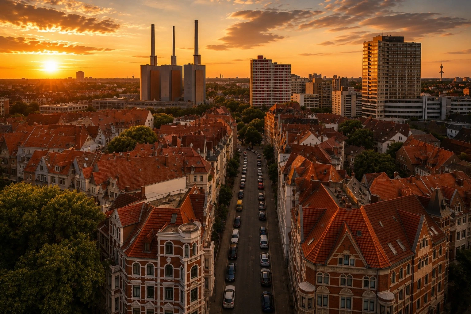 Hannover-Linden mit Altbauten und Skyline im Abendlicht